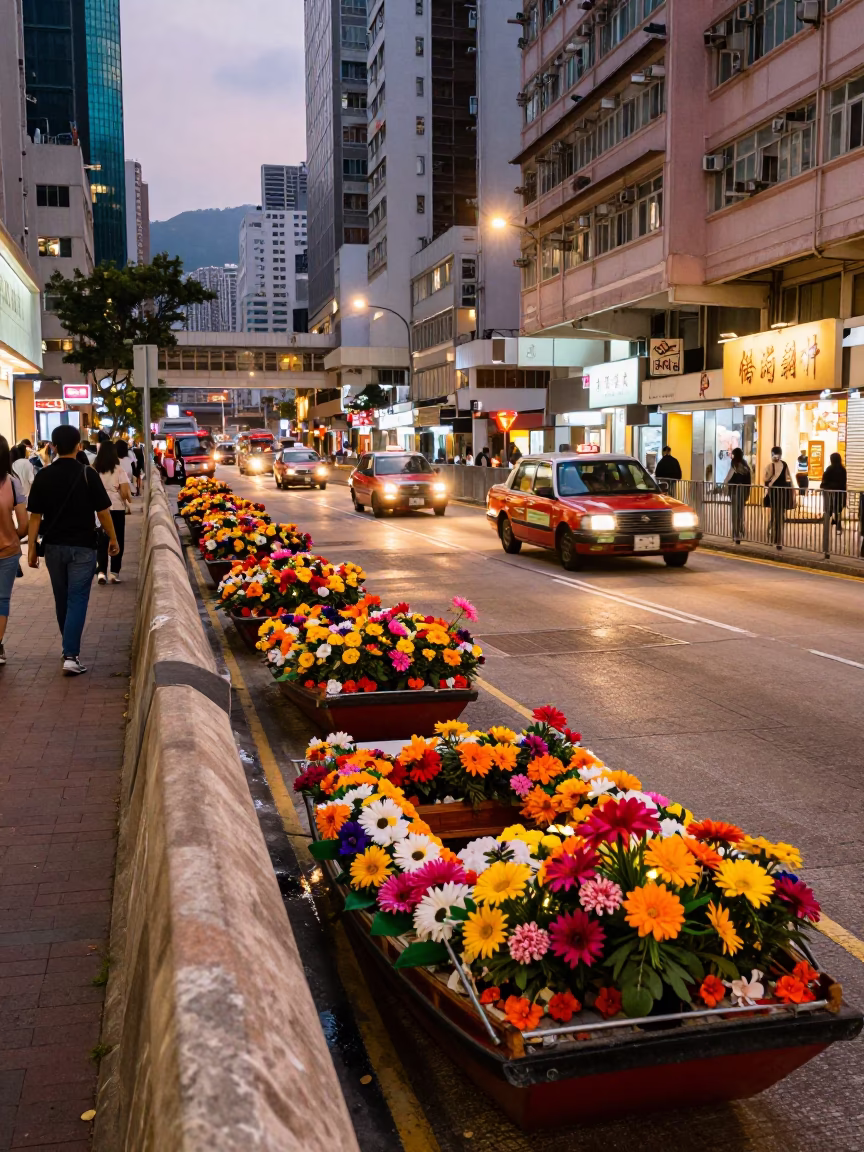 Hong Kong Early Evening Street Scene with Flower Sampan and Local Market Life in in Hong Kong, Hong Kong