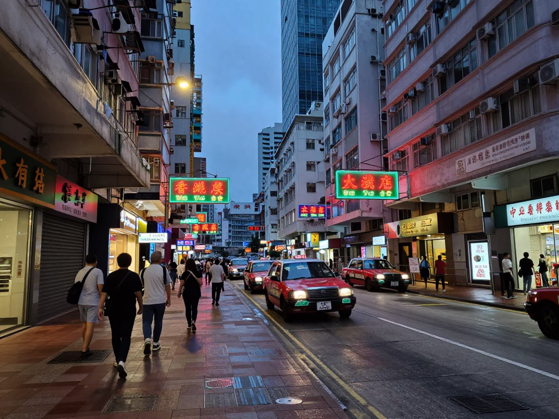 Hong Kong Early Evening Street Scene with Neon Signs and Local Life in in Hong Kong, Hong Kong