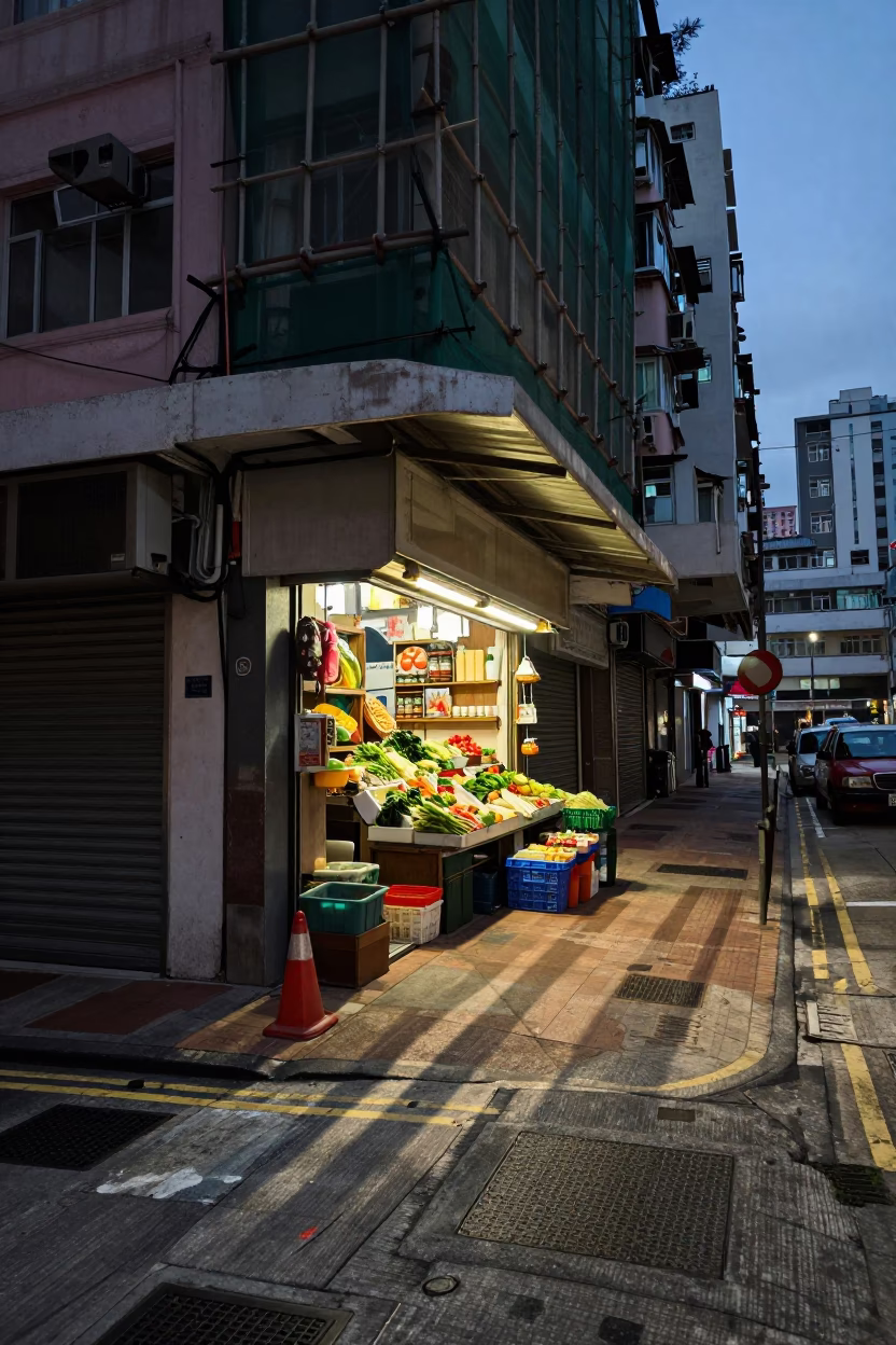 Hong Kong Early Evening Street Scene with Scaffold Joints and Traditional Shopfront in in Hong Kong, Hong Kong