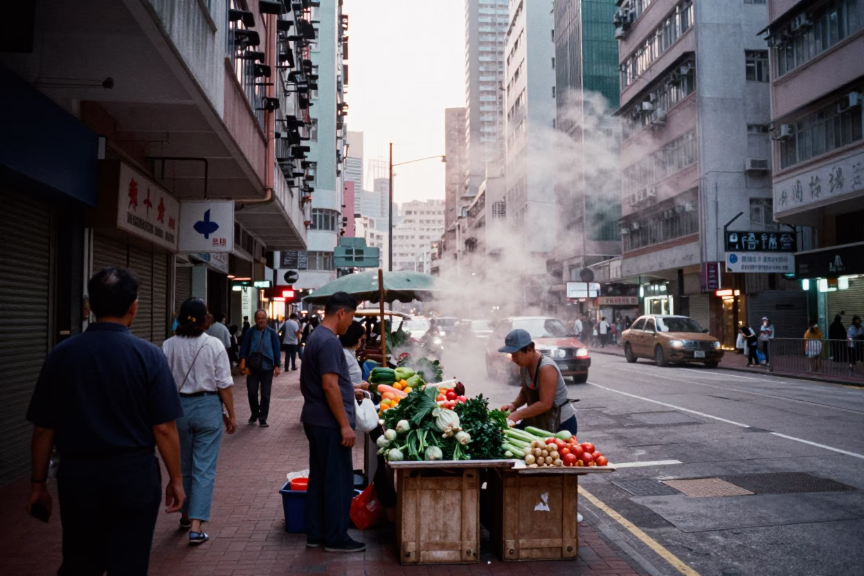 Hong Kong Early Evening Street Scene with Steam Haze and Local Market Activity in in Hong Kong, Hong Kong