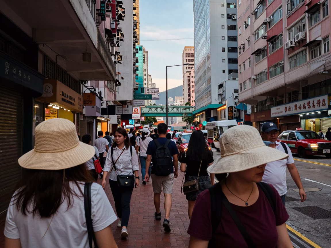 Hong Kong Early Evening Street Scene with Sun Hats and Urban Life in in Hong Kong, Hong Kong