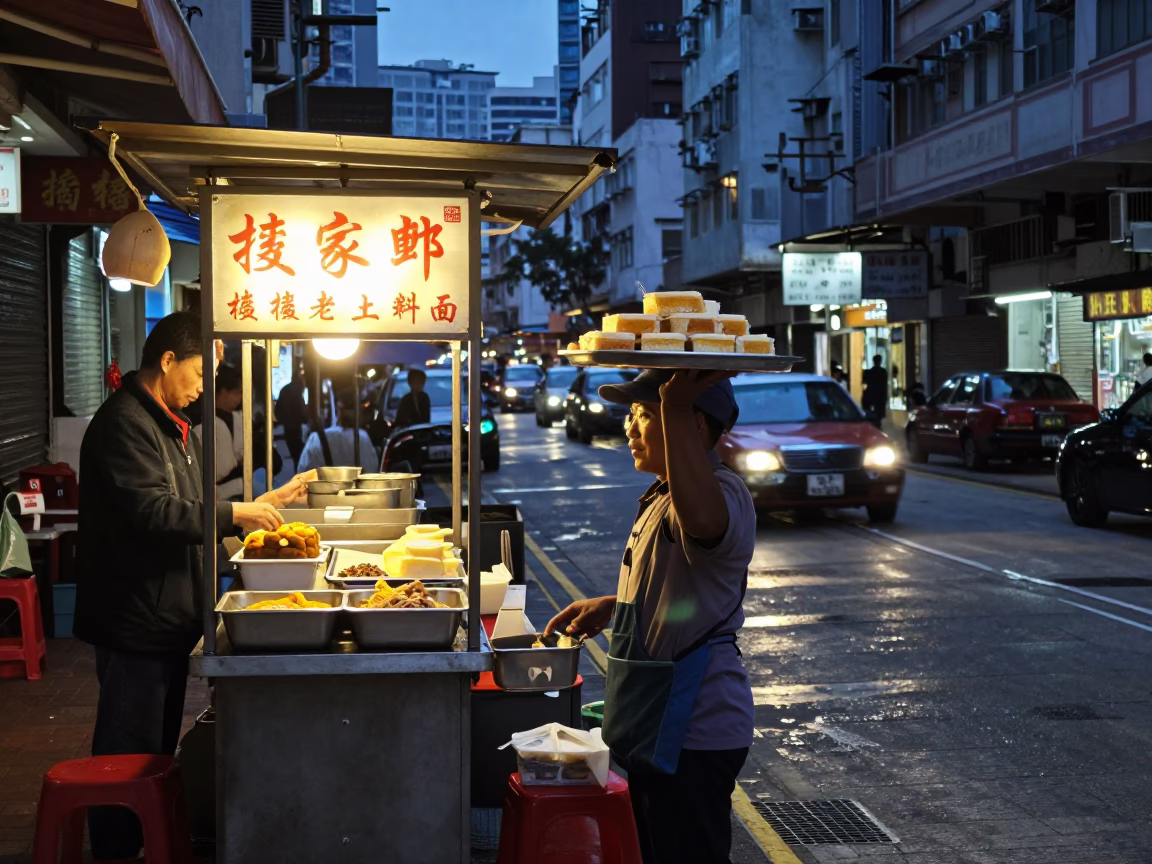 Hong Kong Early Evening Street Scene with Traditional Food and Urban Transit in in Hong Kong, Hong Kong
