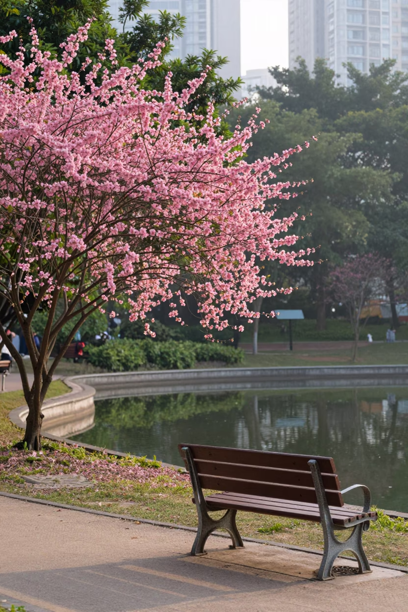 Hong Kong Early Morning Park Scene with Flowering Plant and Bench in in Hong Kong, Hong Kong