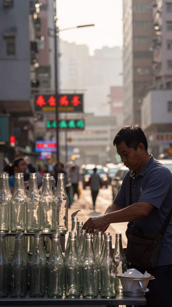Hong Kong Early Morning Street Scene with Glass Bottles and Urban Life in in Hong Kong, Hong Kong