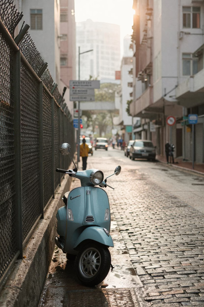 Hong Kong Early Morning Street Scene with Substation Fence Dew and Vintage Vespa in in Hong Kong, Hong Kong