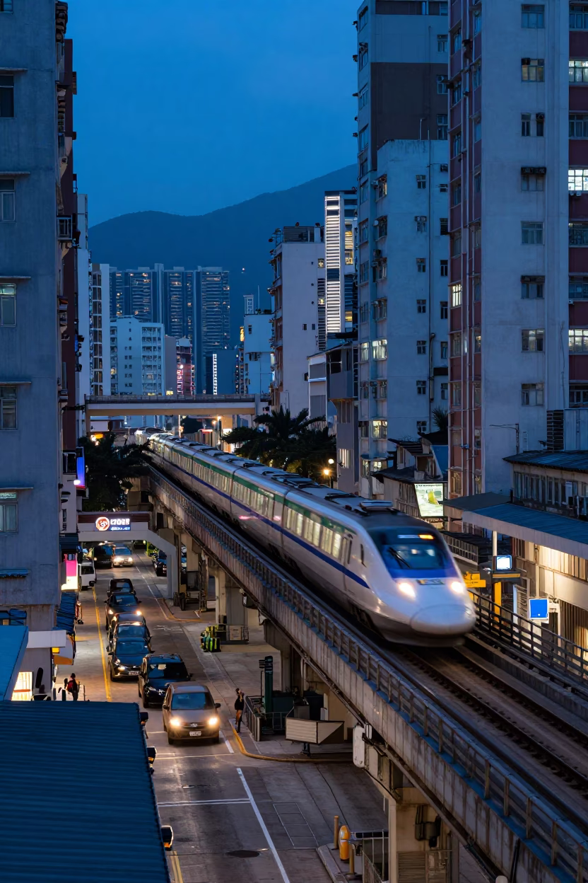 Hong Kong Evening Blue Hour Railway Viaduct and Neon Street Life in in Hong Kong, Hong Kong