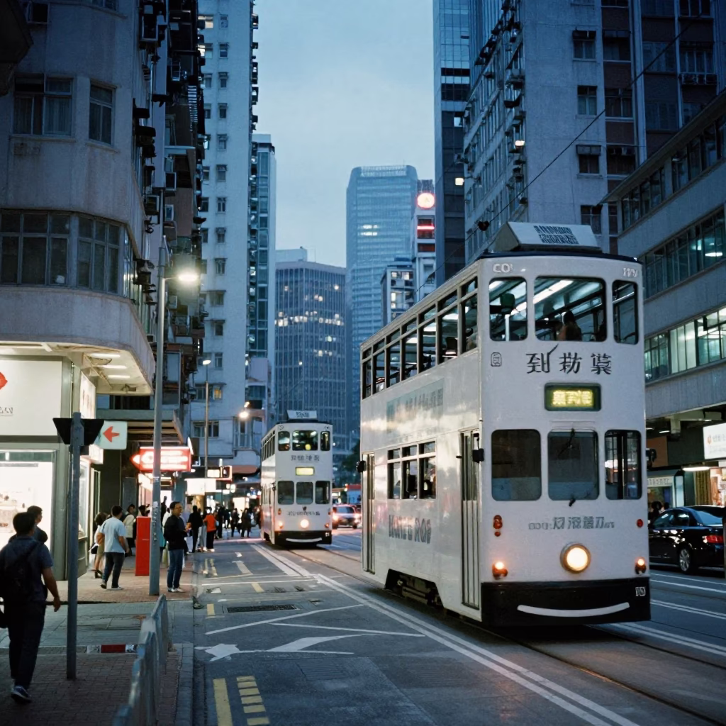 Hong Kong Evening Blue Hour Street Scene with Tram and Neon Signs in in Hong Kong, Hong Kong