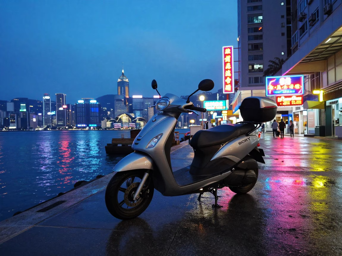 Hong Kong Evening Promenade Scooter and Neon Reflections in Blue Hour Light in in Hong Kong, Hong Kong