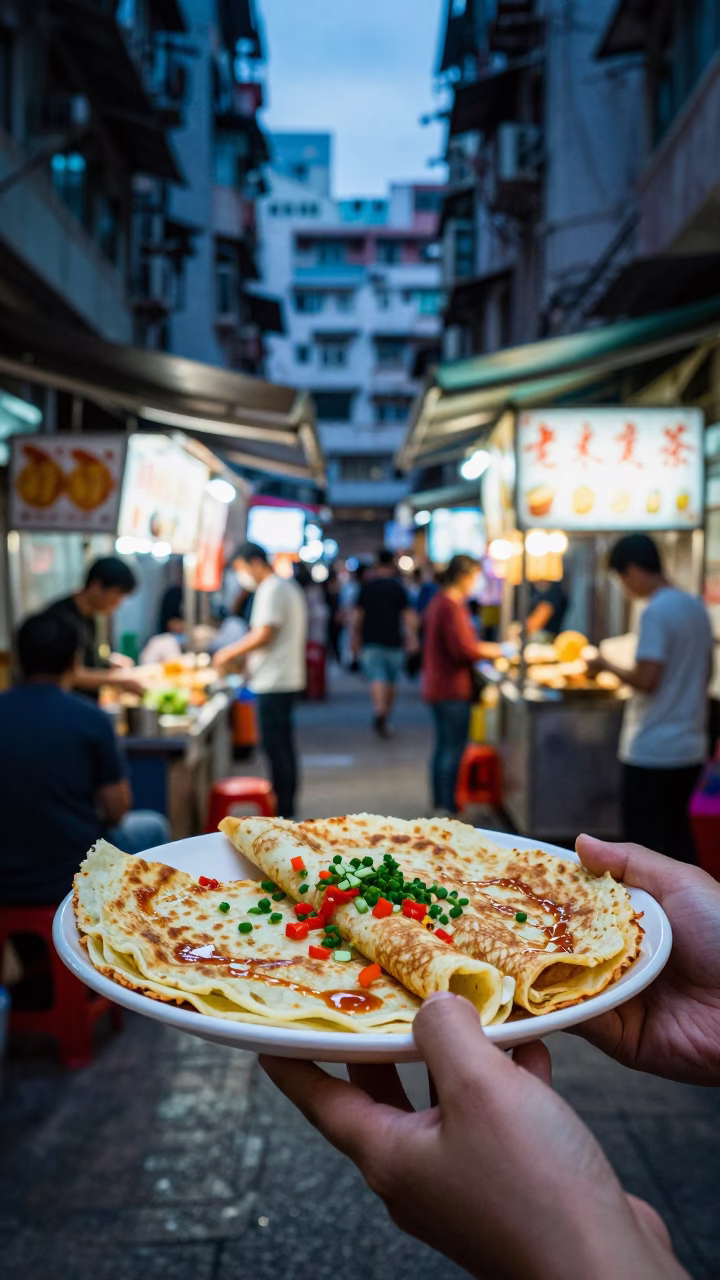 Hong Kong Evening Street Food Scene with Jianbing Crepe and Wicker Shadows in in Hong Kong, Hong Kong