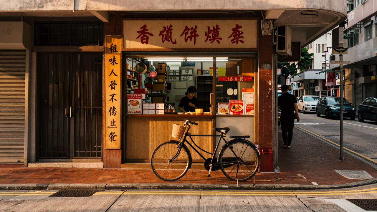 Hong Kong Evening Street Scene with Bicycle and Bakery in Honeyed Light in in Hong Kong, Hong Kong