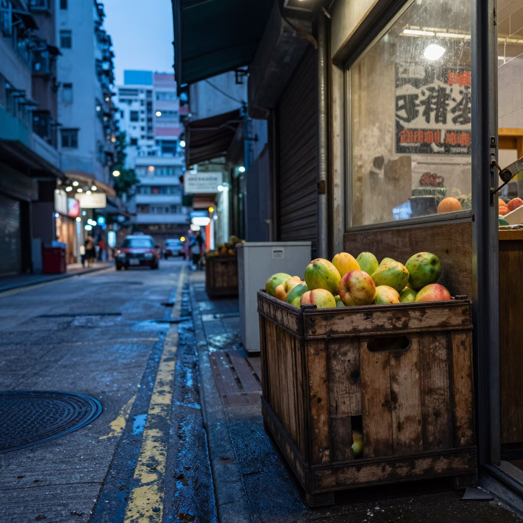 Hong Kong Evening Street Scene with Fruit Crate and Urban Details in in Hong Kong, Hong Kong