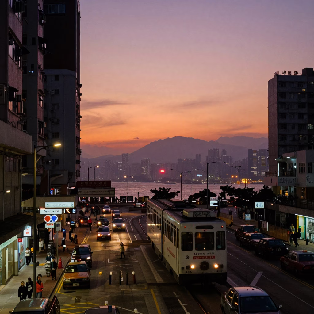 Hong Kong Evening Street Scene with Monorail and Urban Haze at Sunset in in Hong Kong, Hong Kong
