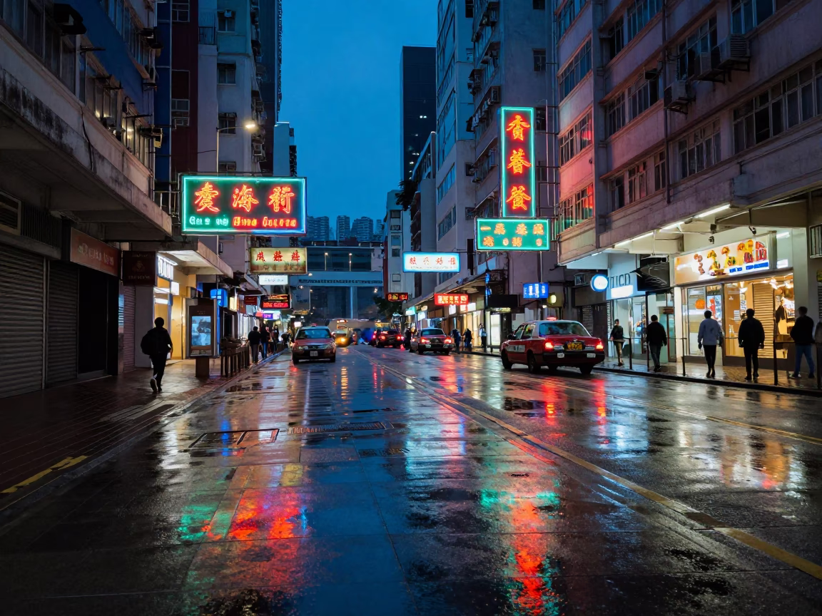 Hong Kong Evening Street Scene with Neon Reflections and Urban Life in in Hong Kong, Hong Kong