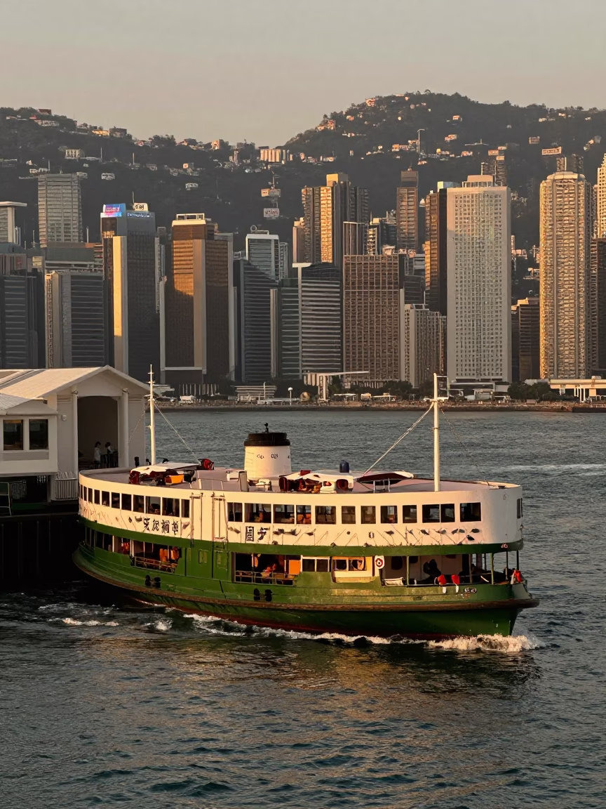 Hong Kong Ferry Departure with Victoria Harbour Mountains in Honeyed Evening Light in in Hong Kong, Hong Kong