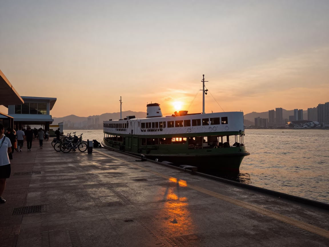 Hong Kong Ferry Dock at Sunset with Passengers and Bicycles Loading in in Hong Kong, Hong Kong