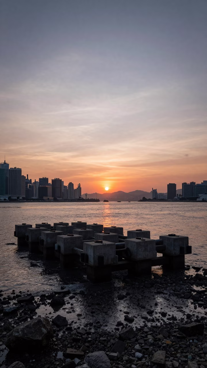 Hong Kong Ferry Ramp Piling System at Sunset with Urban Skyline in in Hong Kong, Hong Kong
