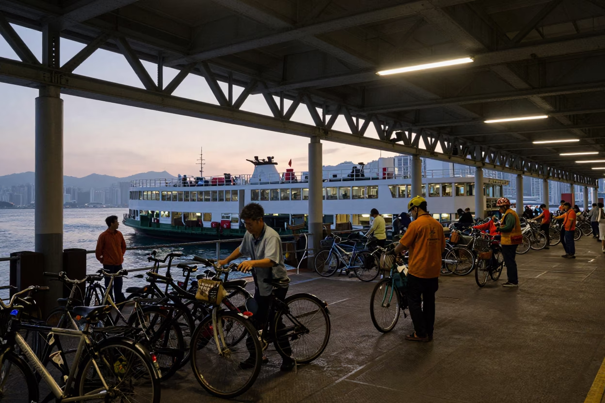 Hong Kong Ferry Terminal Dawn Loading Passengers and Bicycles Before Sunrise in in Hong Kong, Hong Kong