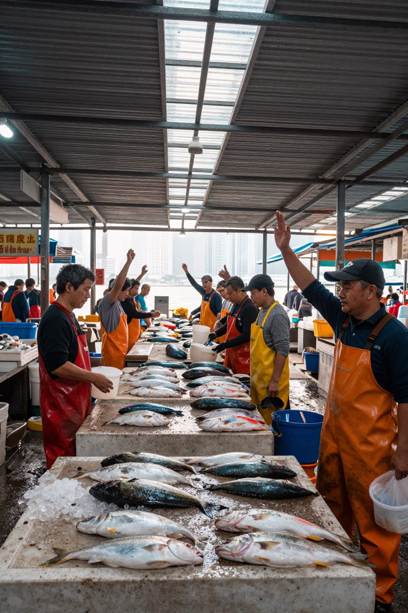 Hong Kong fish market auction at dawn with bidders raising numbered paddles in in Hong Kong, Hong Kong