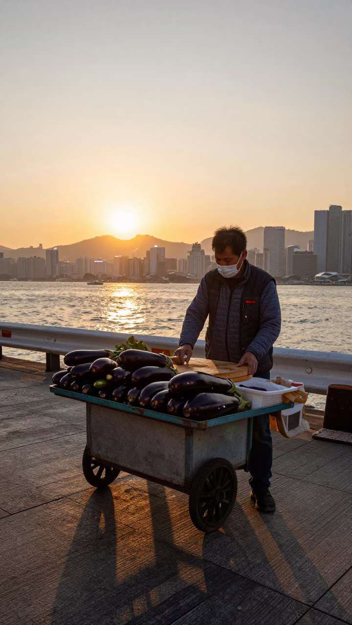 Hong Kong Fresh Eggplants at As The Sun Drops Toward The Horizon in in Hong Kong, Hong Kong