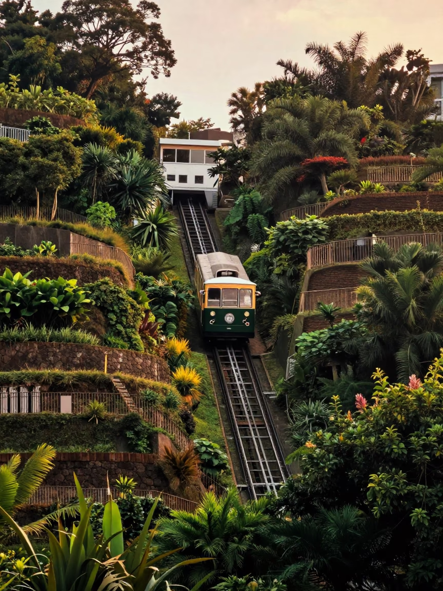 Hong Kong Funicular Railway Rising Through Steep Terraced Gardens at Sunset in in Hong Kong, Hong Kong