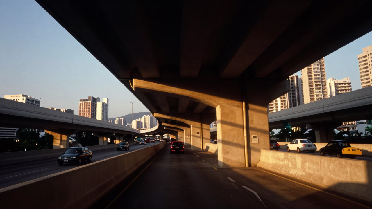 Hong Kong Golden Hour Flyover Underneath Traffic Shadows and Urban Landscape in in Hong Kong, Hong Kong