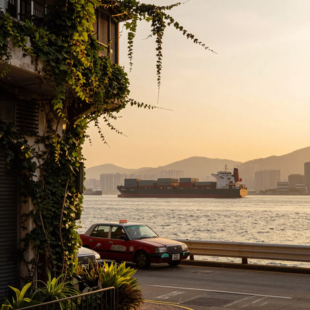 Hong Kong Golden Hour Street Scene with Cargo Ships and Ivy Vines in in Hong Kong, Hong Kong