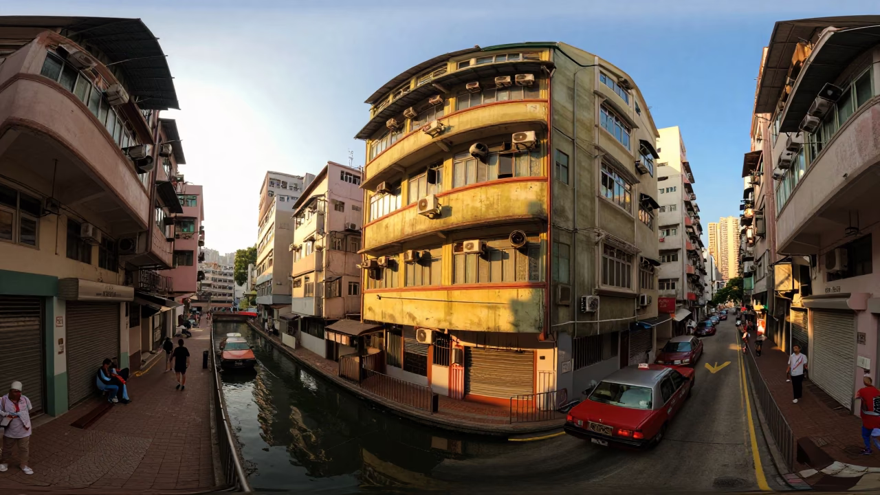 Hong Kong Golden Hour Street Scene with Dripping Canal and Balcony Details in in Hong Kong, Hong Kong