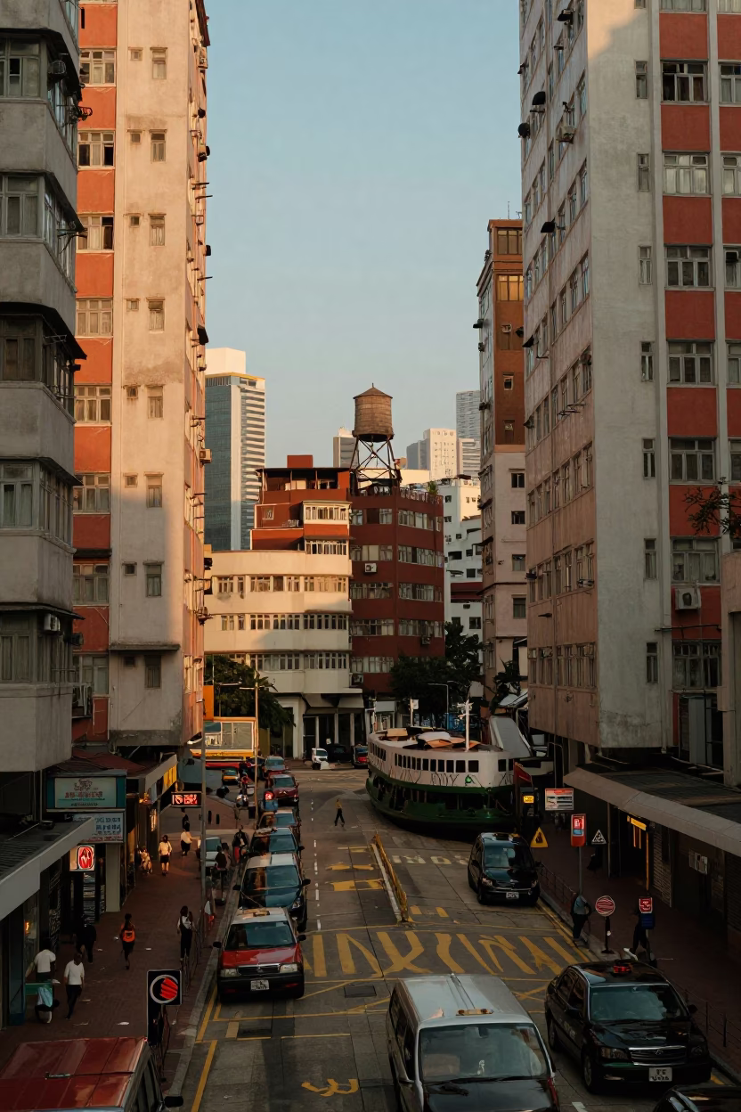 Hong Kong Golden Hour Street Scene with Ferry and Rooftop Water Tower in in Hong Kong, Hong Kong