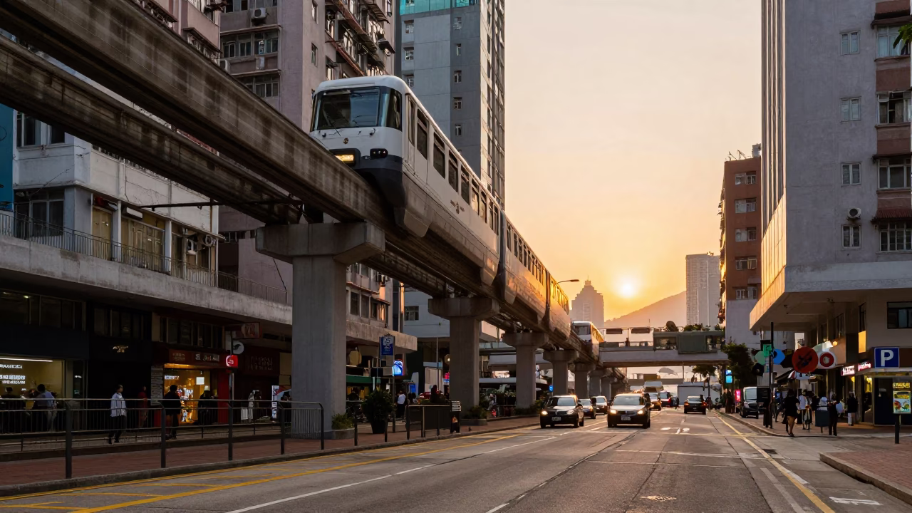 Hong Kong Golden Hour Street Scene with Monorail and Busy Urban Life in in Hong Kong, Hong Kong