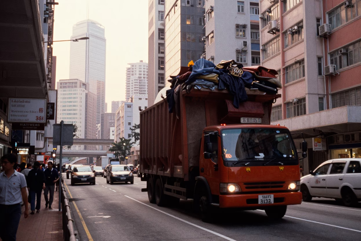 Hong Kong Golden Hour Street Scene with Overloaded Truck and Urban Skyline at Sunset in in Hong Kong, Hong Kong