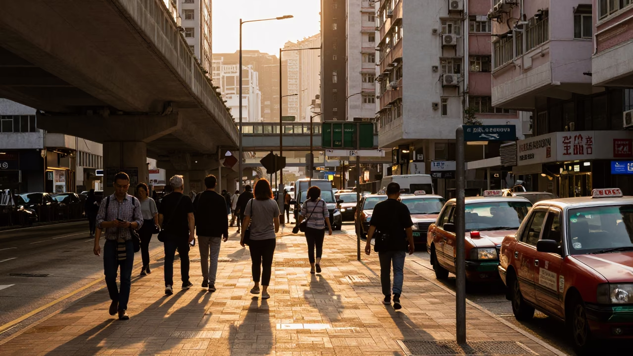 Hong Kong Golden Hour Street Scene with Overpass Ramp and Urban Life in in Hong Kong, Hong Kong