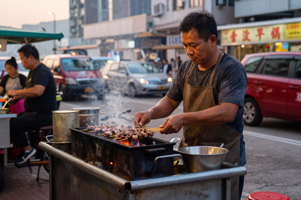 Hong Kong Grilling Meat at Golden Hour in in Hong Kong, Hong Kong