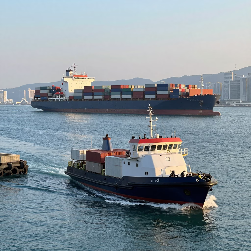 Hong Kong Harbor Dawn Pilot Boat Navigating Container Ship Past Concrete Bridge Pier in in Hong Kong, Hong Kong