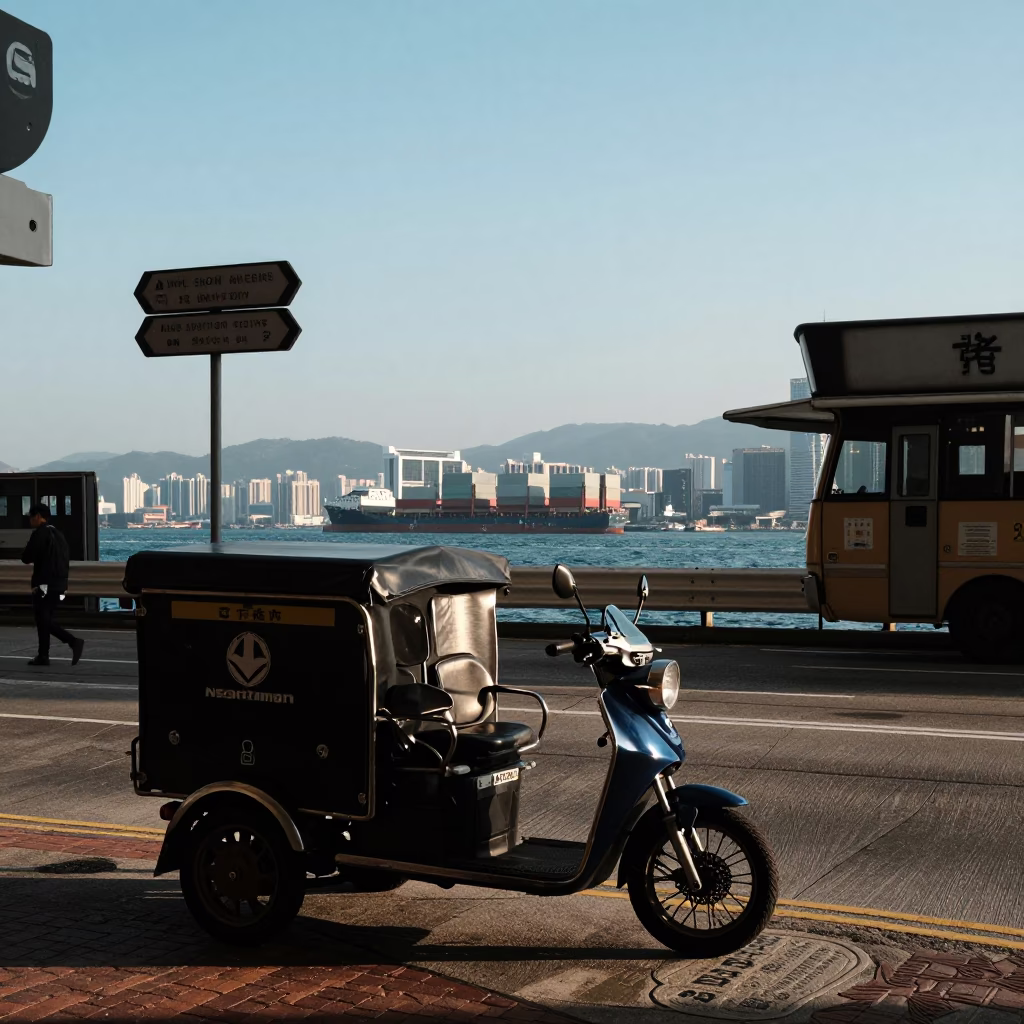 Hong Kong Harbor Late Afternoon Light with Cargo Ship Horizon and Street Scene in in Hong Kong, Hong Kong