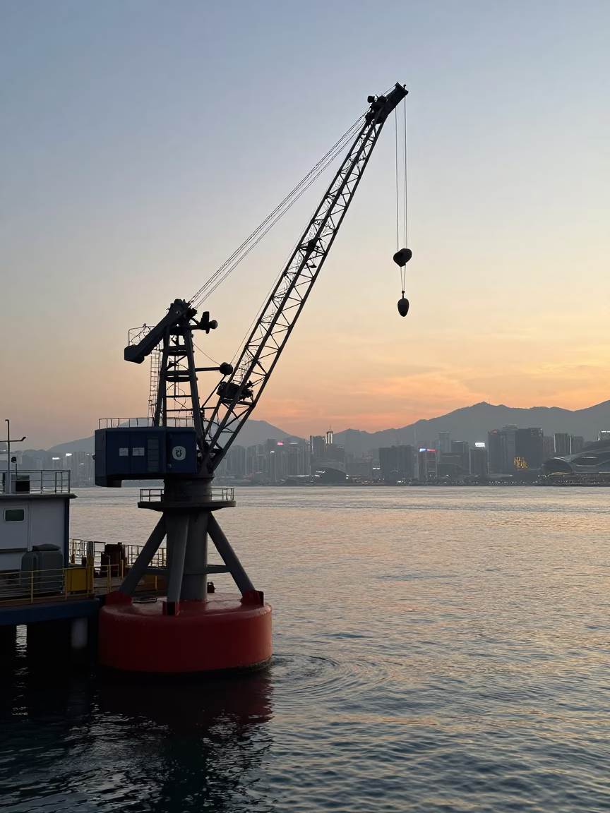Hong Kong Harbor Nautical Dawn Hydrophone Buoy Craning Operation Morning Light in in Hong Kong, Hong Kong