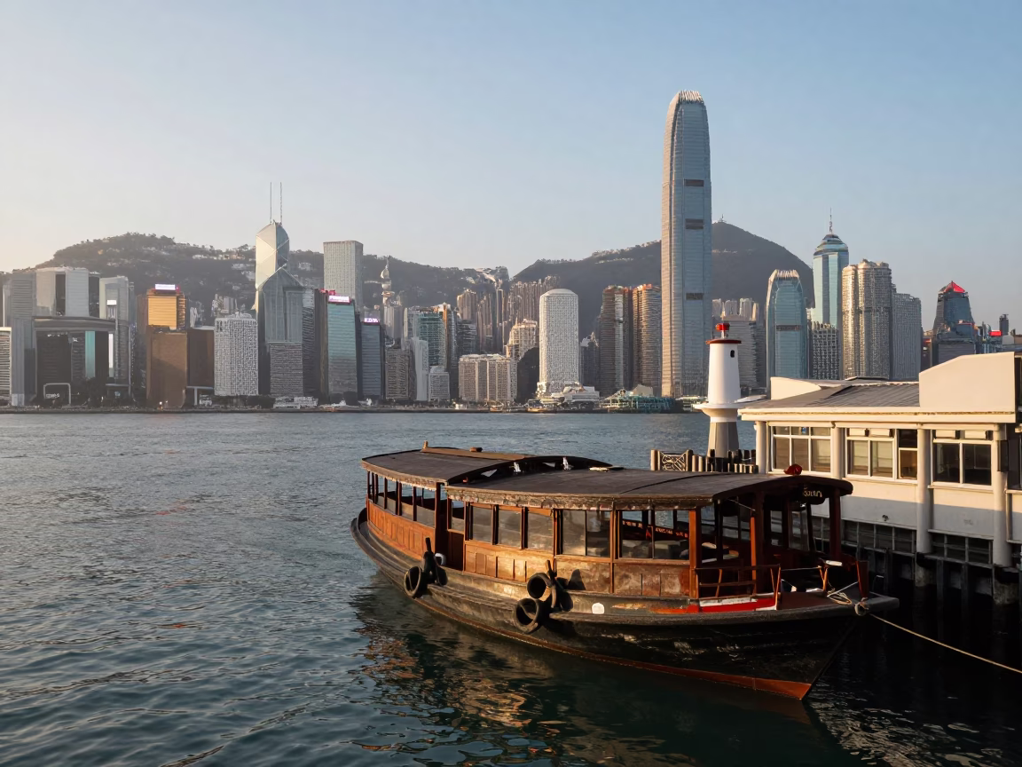 Hong Kong Harbour First Light Street Scene with Traditional Houseboat and Canal in in Hong Kong, Hong Kong