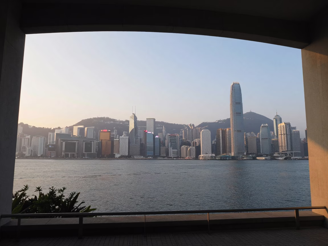 Hong Kong Harbour Sunrise View of Reservoir Intake Tower Under Low Clouds in in Hong Kong, Hong Kong