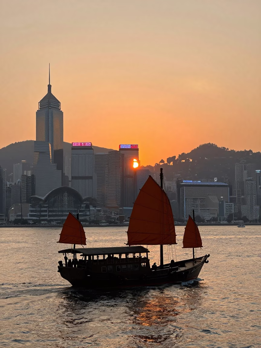 Hong Kong Harbour Sunset Junk Boat with Traditional Sails and City Skyline in in Hong Kong, Hong Kong