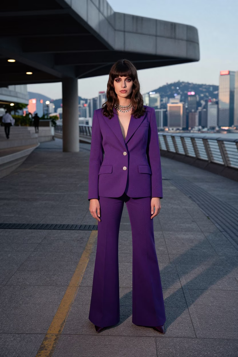 Hong Kong High Fashion Portrait with Overpass Ramp in Violet Evening Sky in in Hong Kong, Hong Kong