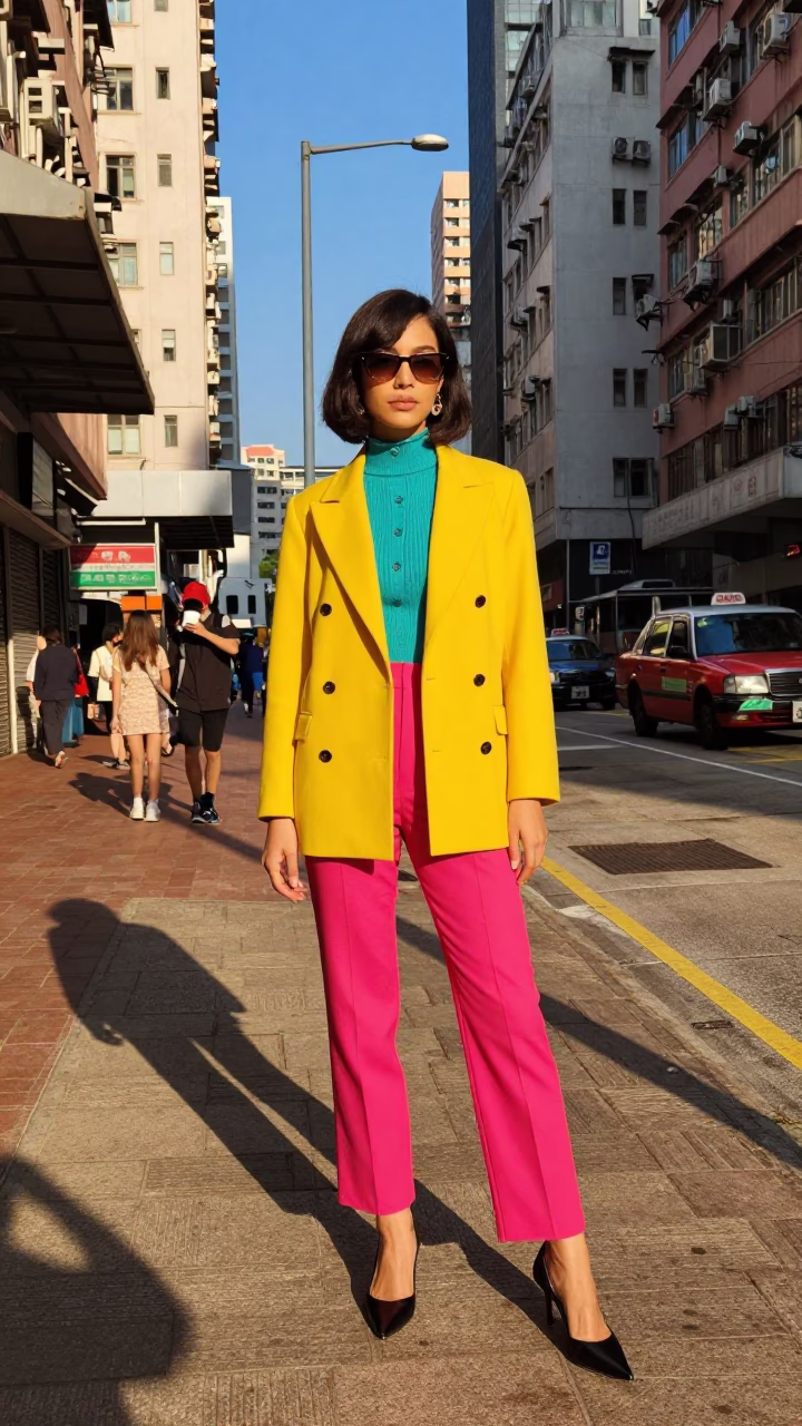 Hong Kong High Fashion Street Style Late Afternoon Light Vibrant Colors in in Hong Kong, Hong Kong
