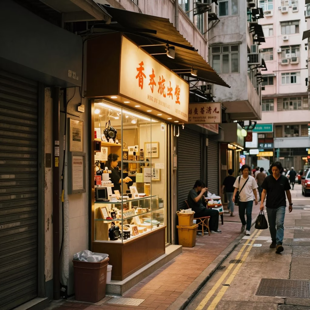 Hong Kong Honeyed Evening Light Street Scene with Shopfront Details in in Hong Kong, Hong Kong