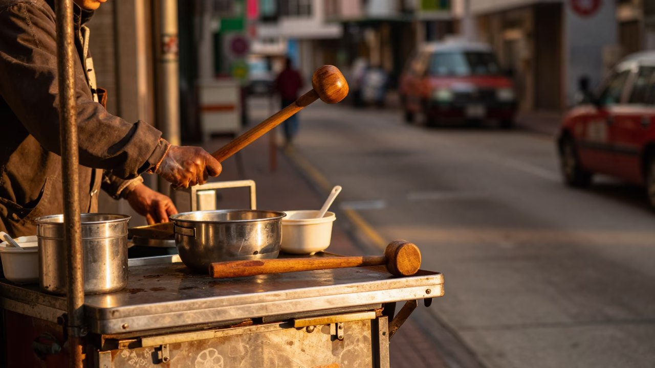 Hong Kong Honeyed Evening Light Street Scene with Wooden Mallet and Saucepan in in Hong Kong, Hong Kong