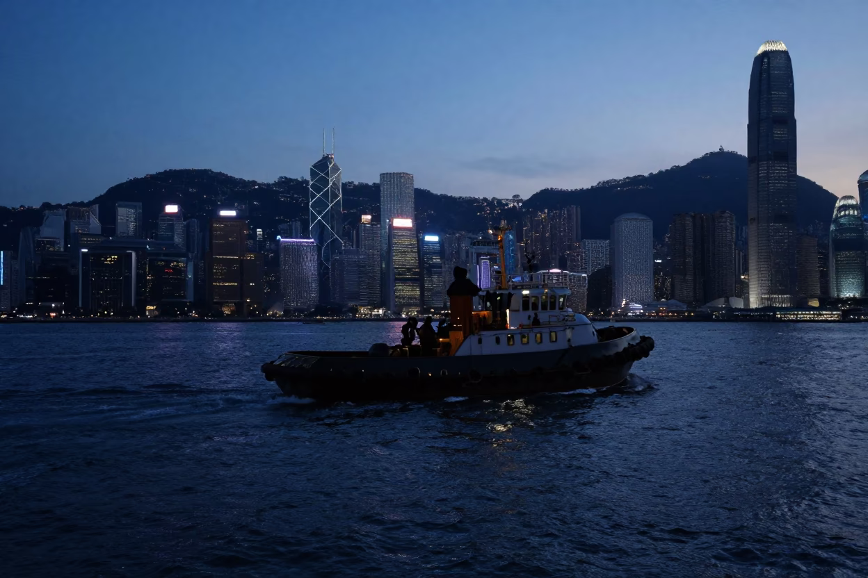 Hong Kong Indigo Twilight Harbor Scene with Tugboat and Dense Urban Skyline in in Hong Kong, Hong Kong