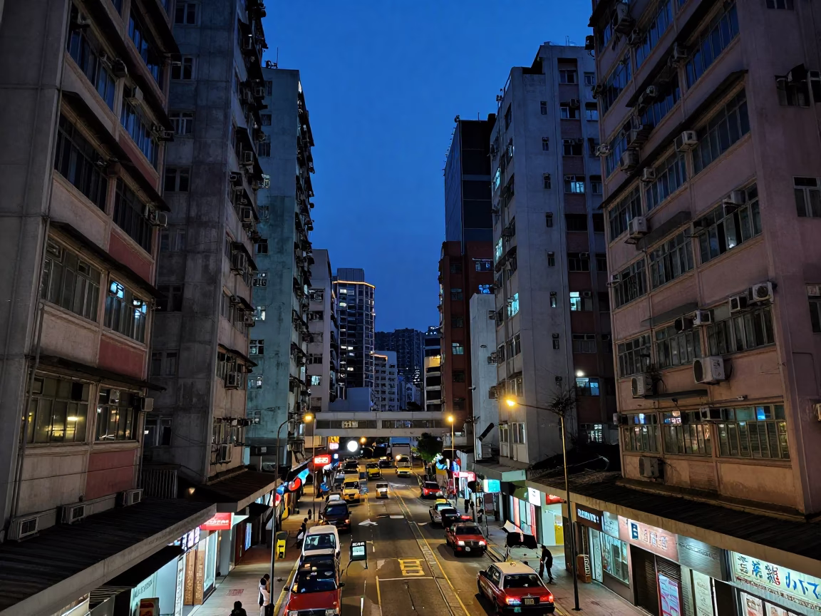 Hong Kong Indigo Twilight Street Scene with Neon Lights and Traditional Elements in in Hong Kong, Hong Kong
