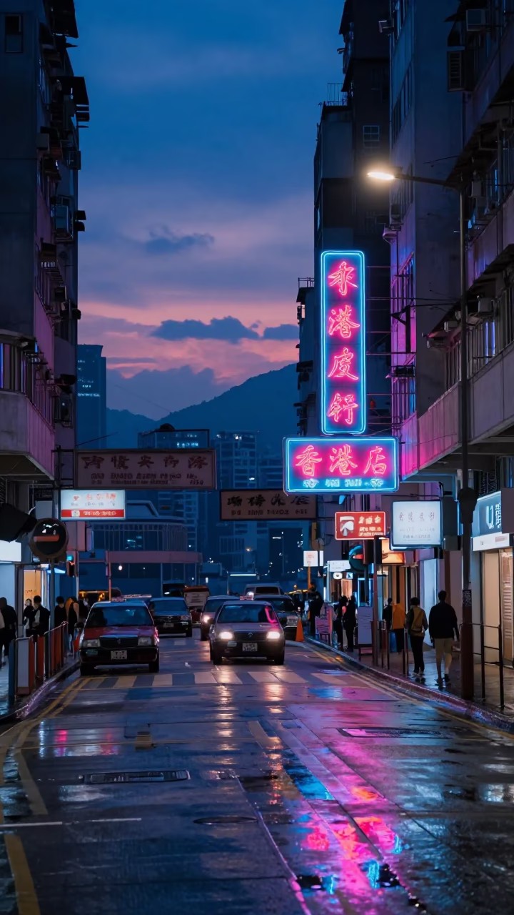 Hong Kong Indigo Twilight Street Scene with Neon Reflections and Urban Infrastructure in in Hong Kong, Hong Kong