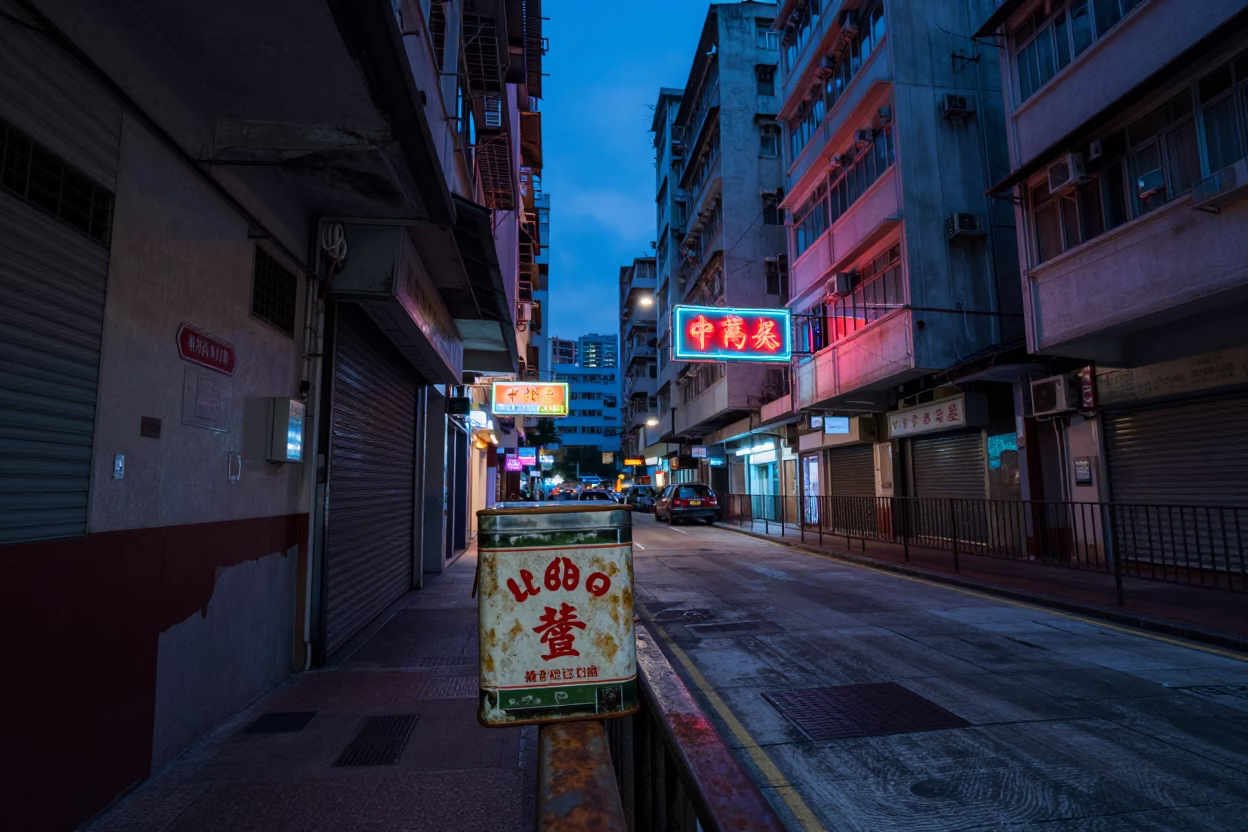 Hong Kong indigo twilight street scene with neon signs and tea tin on ledge in in Hong Kong, Hong Kong