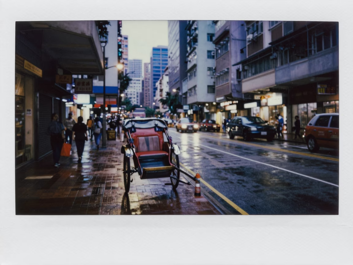 Hong Kong Indigo Twilight Street Scene with Rickshaw in Monsoon Rain in in Hong Kong, Hong Kong