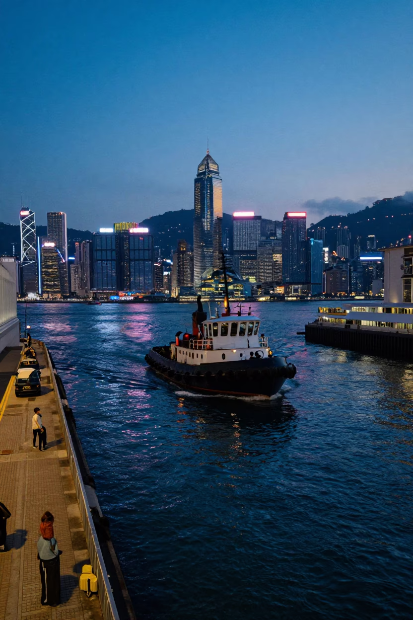 Hong Kong Indigo Twilight Street Scene with Tugboat and Neon Reflections in in Hong Kong, Hong Kong