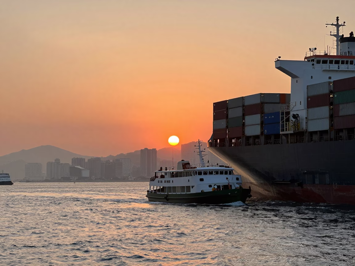 Hong Kong Into Port at As The Sun Drops Toward The Horizon in in Hong Kong, Hong Kong