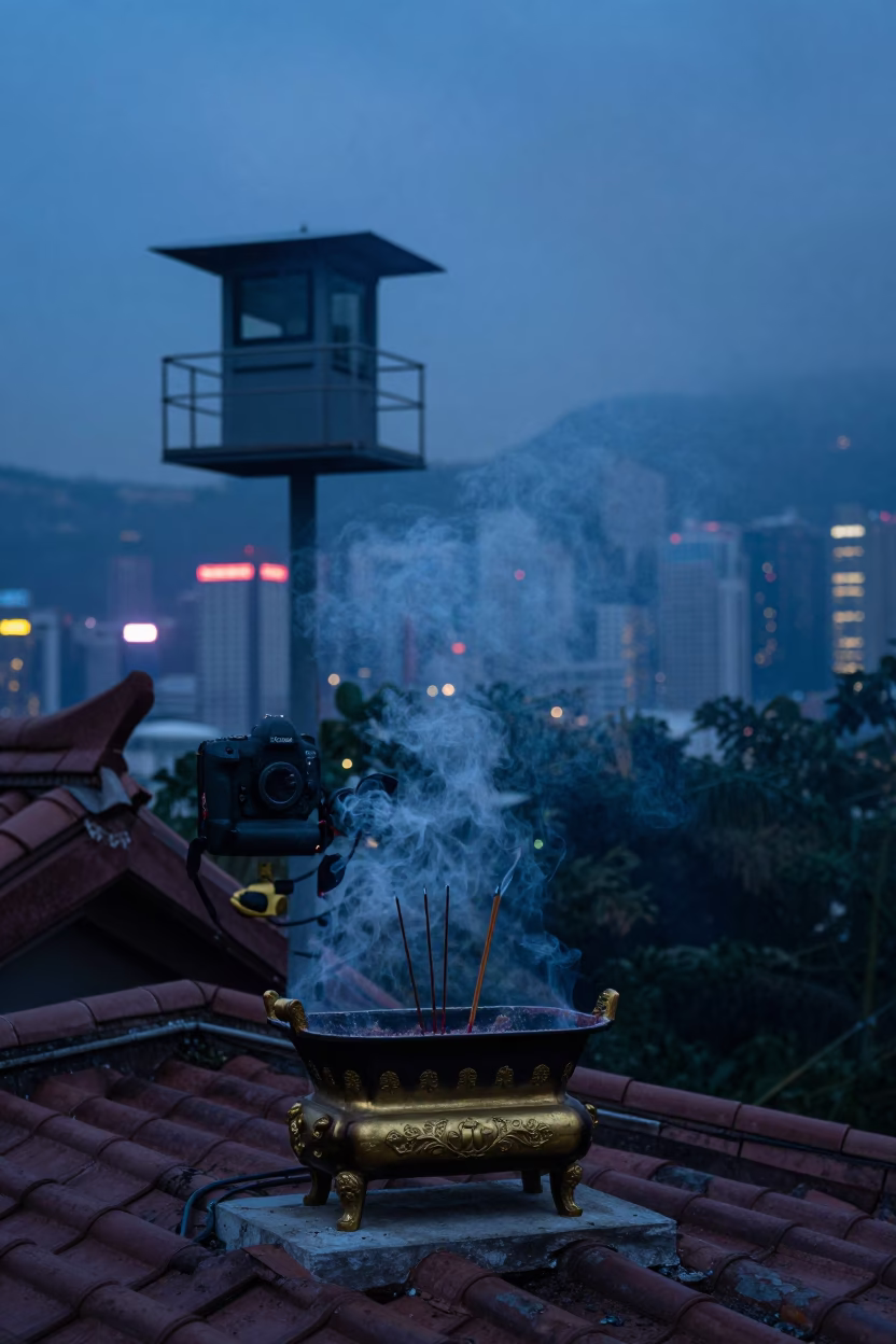 Hong Kong Joss House Evening Ritual with Brass Accents and Incense Smoke in in Hong Kong, Hong Kong